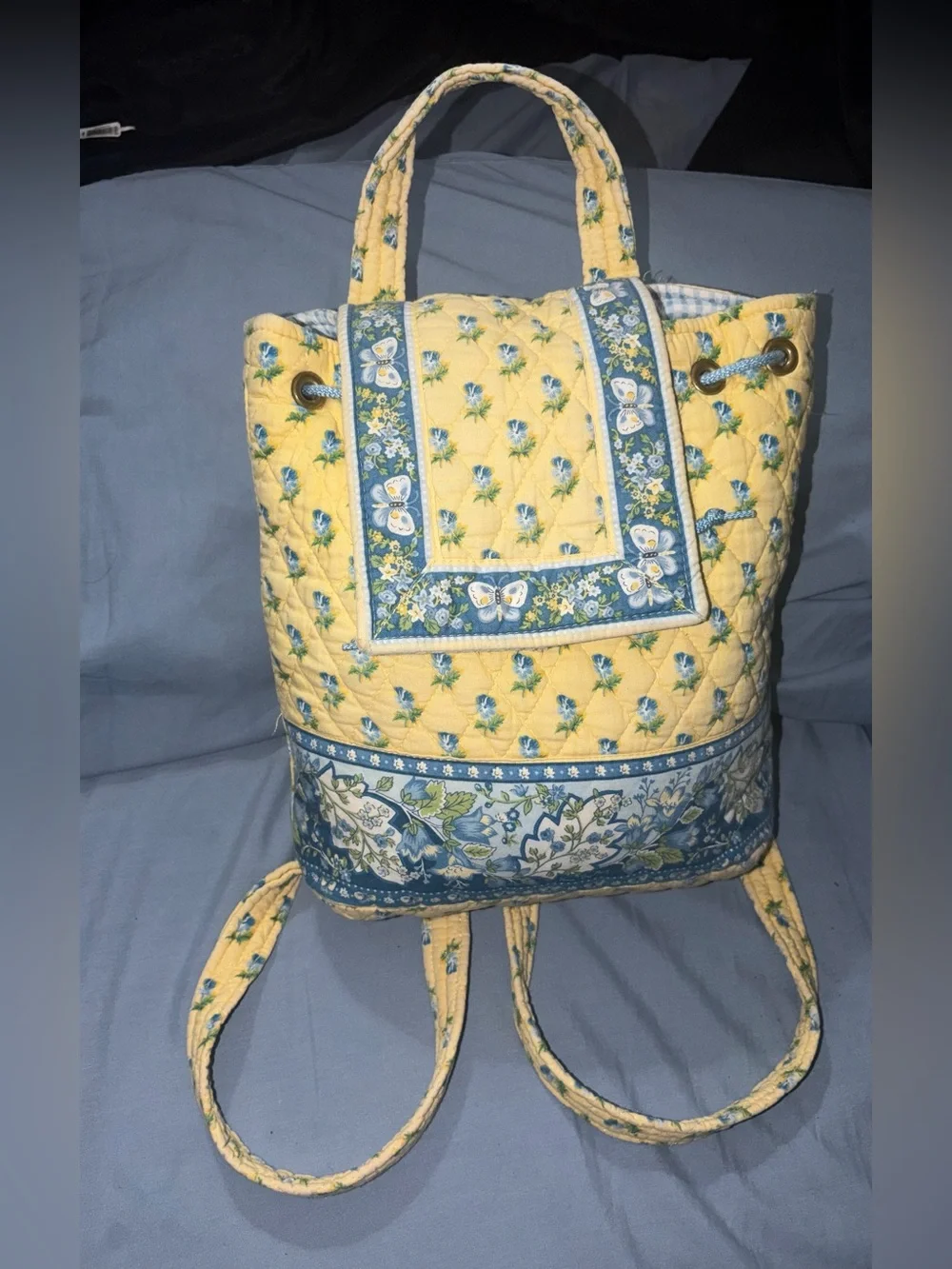 Vera Bradley Yellow Quilted Floral Backpack with Blue Accents